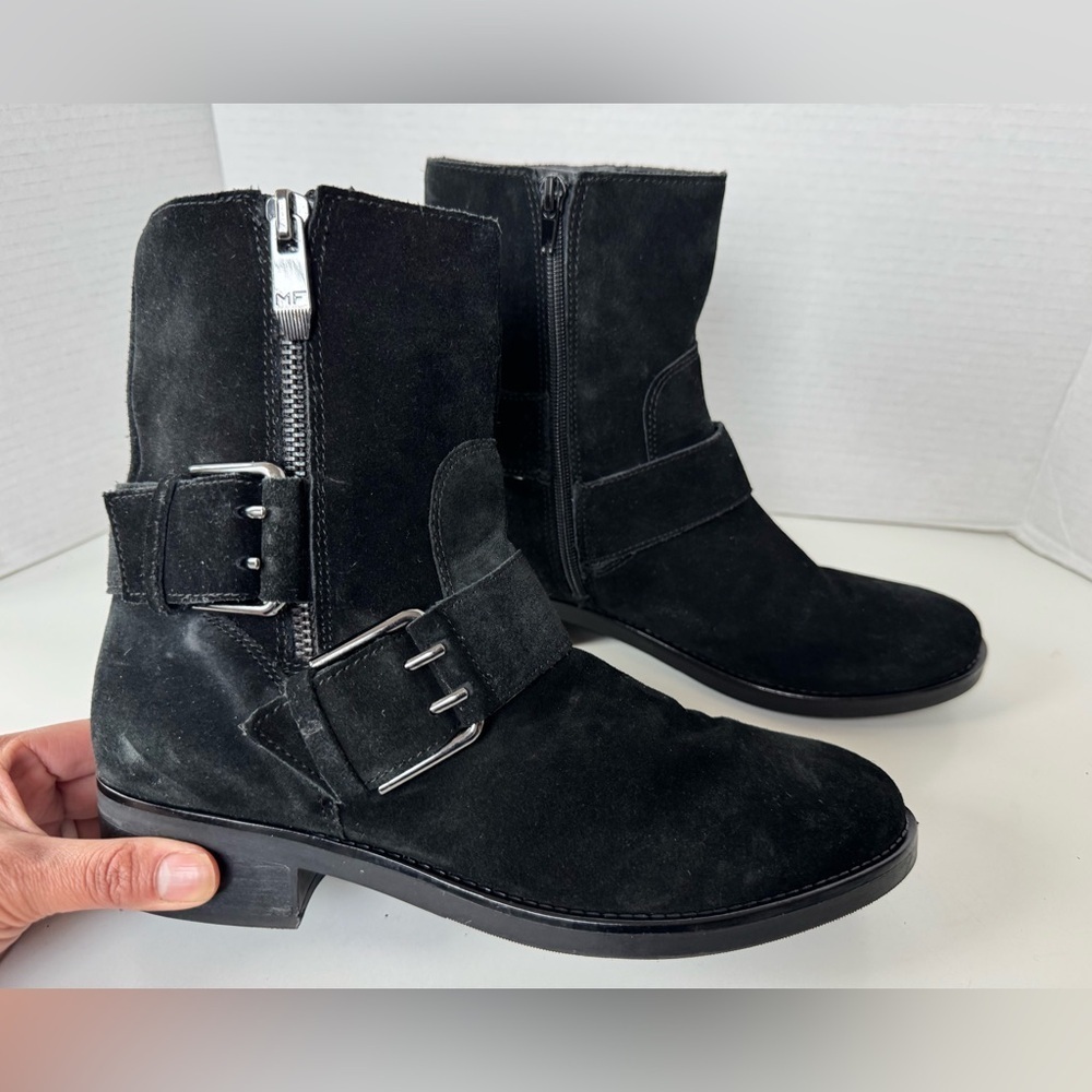 Marc Fisher Parole Black Leather Suede Buckle Moto Biker Combat Style Boots - Picture 2 of 8